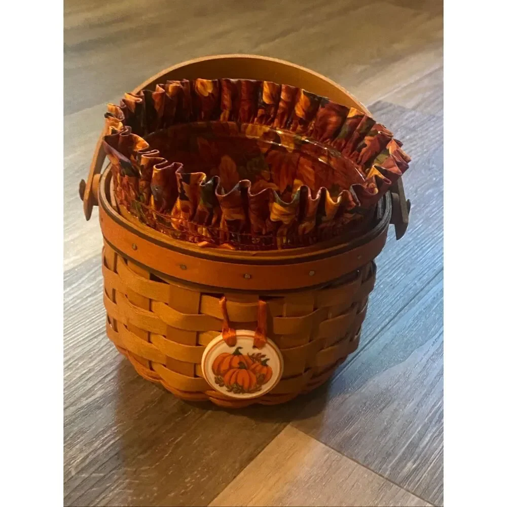 Longaberger 1997 Fall Little Pumpkin Basket, Liner, Protector, Tie-on